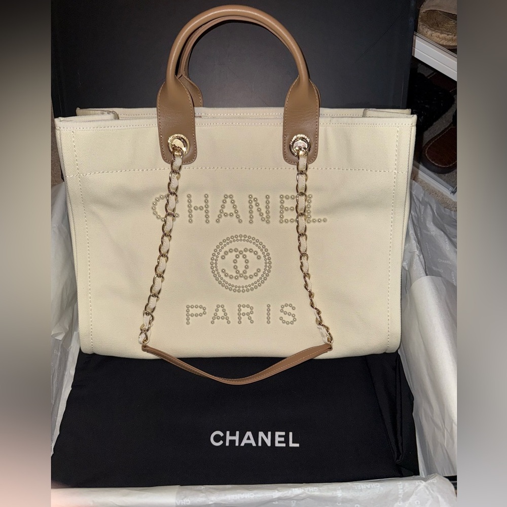 Chanel Deauville Tote Pearl Embellished Canvas Medium
